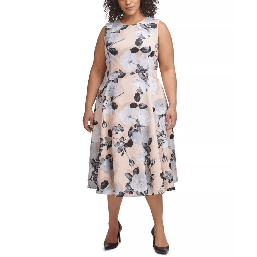 Calvin Klein Women's Plus Size Floral-Print A-Line Dress - Blush Multi 14W